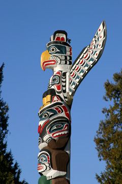 The top detail of a Northwest Coast First Nations totem pole