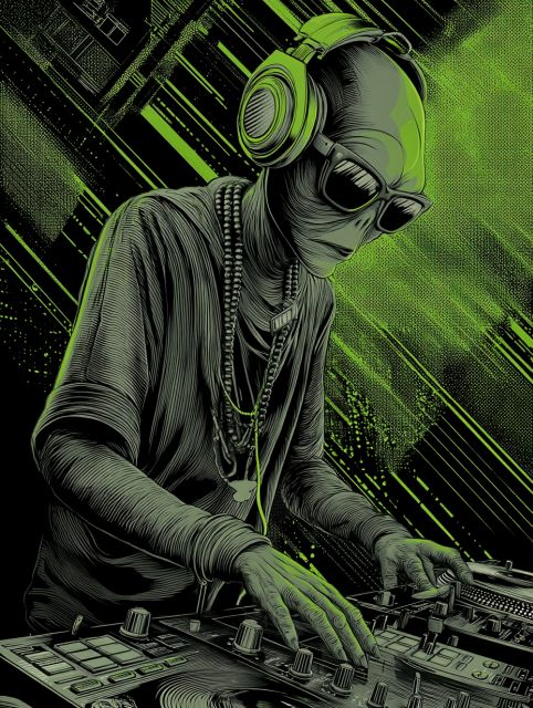 Extraterrestrial Beats: A Green Alien DJ Masters the Turntables